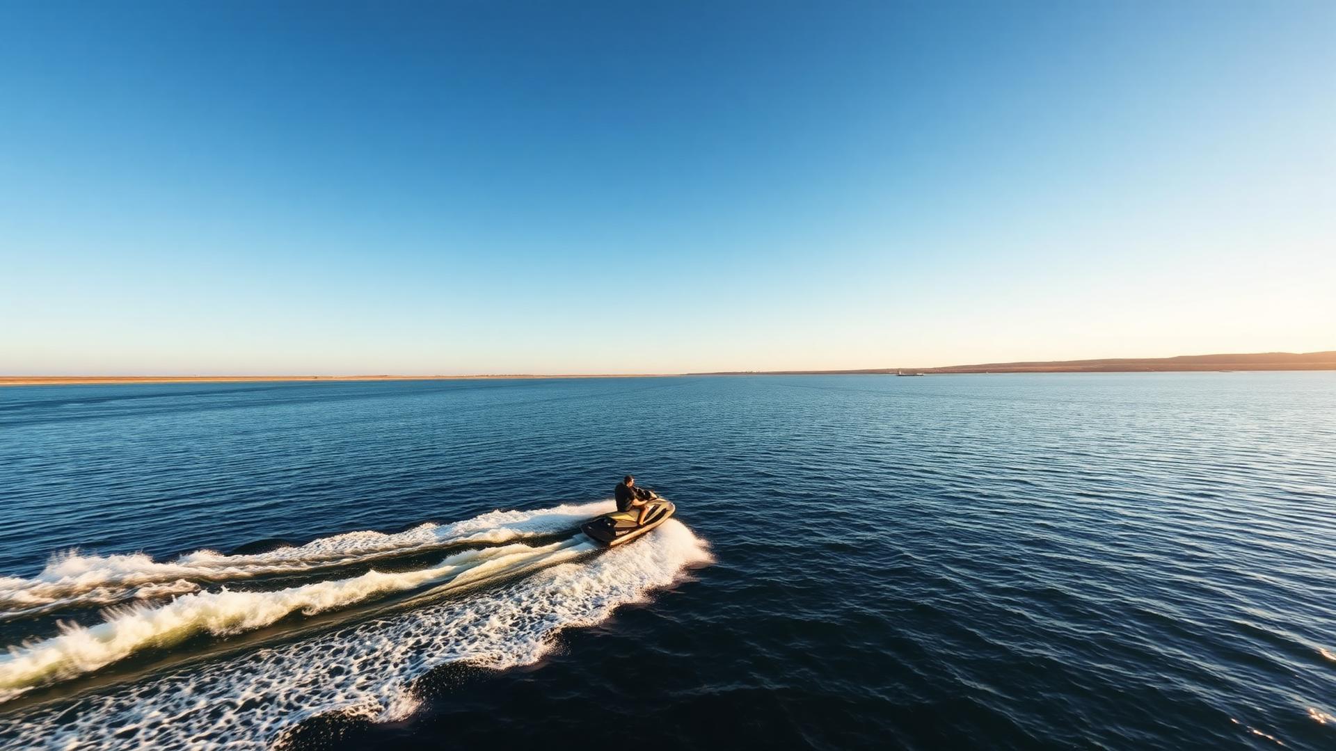 Jet ski crossing open blue water at sunset